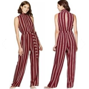 NWT Red & White Striped High Neck Open Back Belted Jumpsuit Size XL
